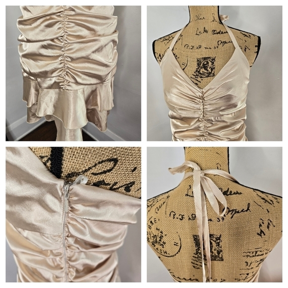 Vintage Y2K Jessica McClintock Gold Ruched Ruffled Halter Prom Dress Fairycore - Picture 6 of 13